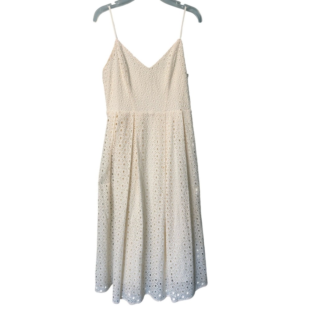H&M Women Cream Eyelet Embroidery Midi Dress V-Neck Spaghetti Strap Ivory 4